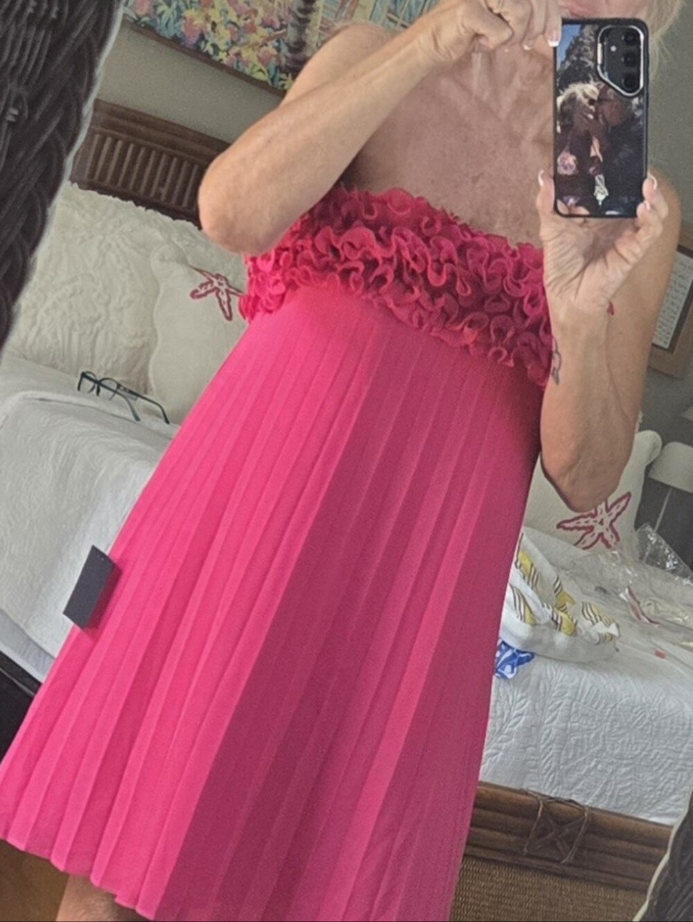 Lulu's Hot Pink Strapless Ruffle & Pleat Dress